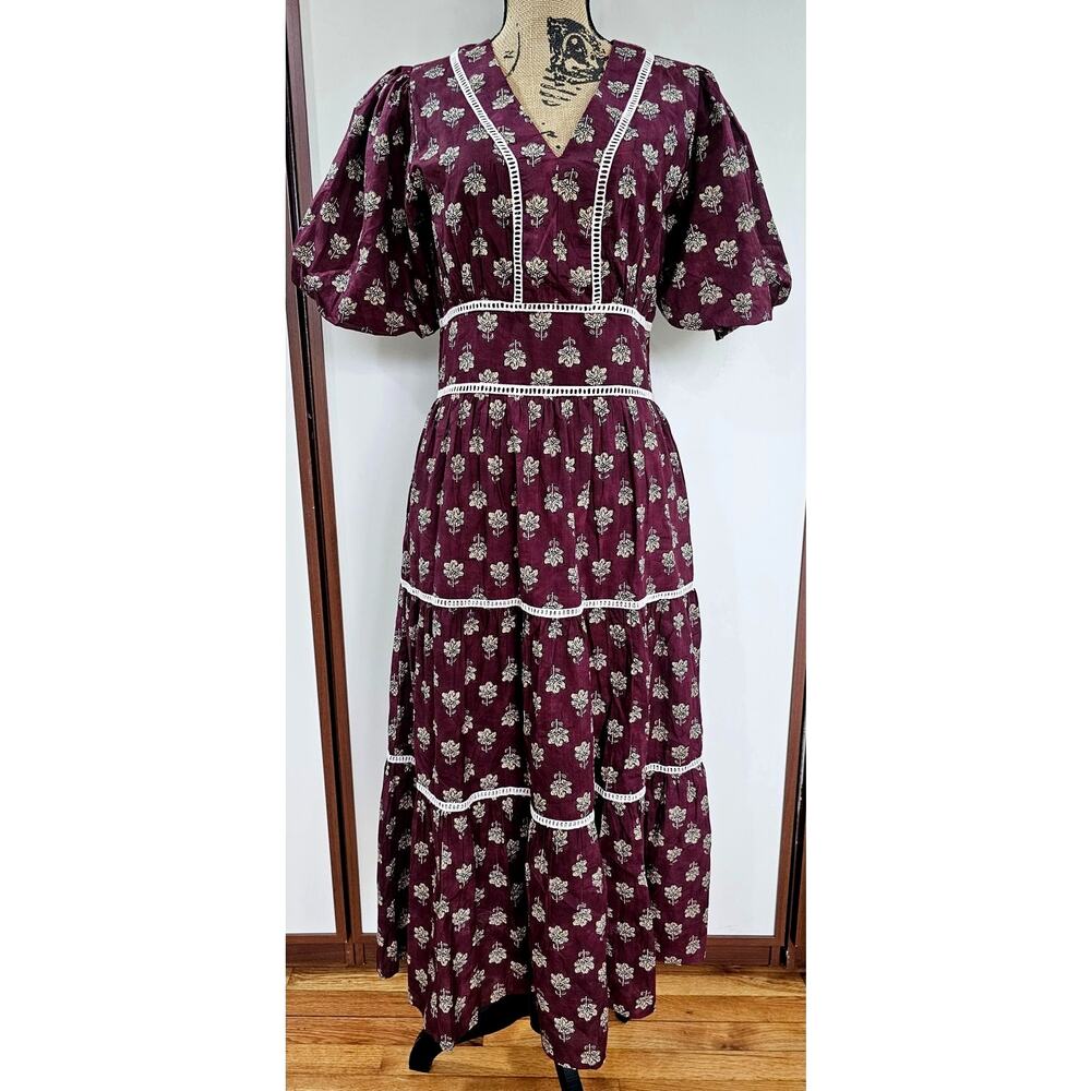 THML Hollyhock Floral Tiered Midi Dress Puff Sleeve Burgundy Gold, Cotton, Sz XS